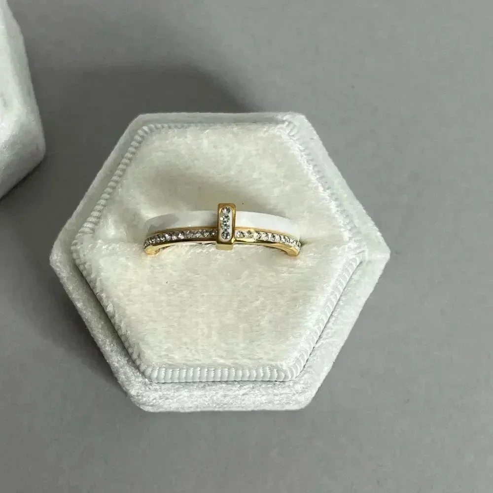 Stainless Steel Ceramic Zircon Gold Plated White Ring - Picture 5 of 8